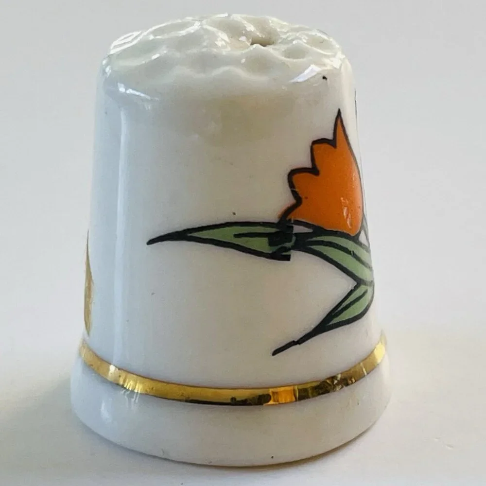 Spring Flowers Porcelain Thimble Tulip Gold Trim Floral Yellow Orange Decor Item
